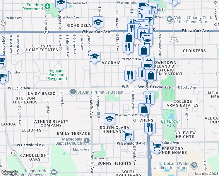 map of restaurants, bars, coffee shops, grocery stores, and more near 334 West Euclid Avenue in DeLand