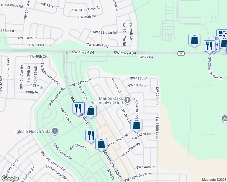 map of restaurants, bars, coffee shops, grocery stores, and more near 13815 Southwest 32nd Terrace Road in Ocala