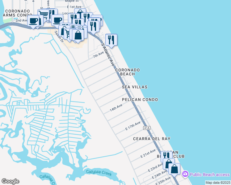 map of restaurants, bars, coffee shops, grocery stores, and more near 821 12th Avenue in New Smyrna Beach