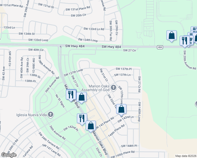 map of restaurants, bars, coffee shops, grocery stores, and more near 13815 Southwest 32nd Terrace Road in Ocala