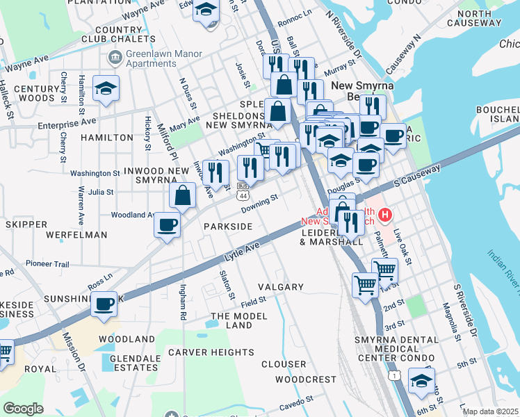 map of restaurants, bars, coffee shops, grocery stores, and more near 212 South Myrtle Avenue in New Smyrna Beach