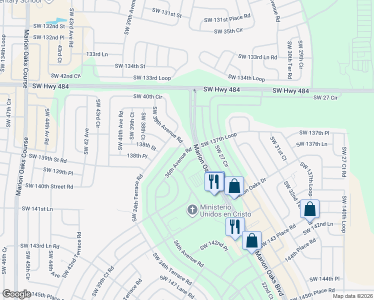 map of restaurants, bars, coffee shops, grocery stores, and more near 17700 Southwest 38th Avenue Road in Ocala