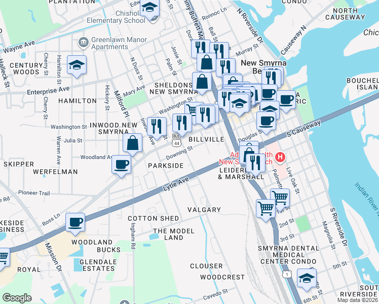map of restaurants, bars, coffee shops, grocery stores, and more near 212 South Myrtle Avenue in New Smyrna Beach