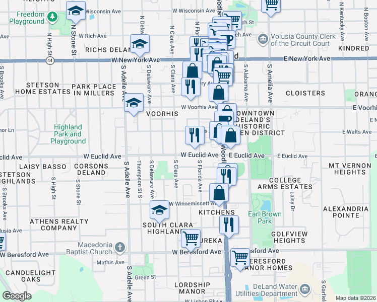 map of restaurants, bars, coffee shops, grocery stores, and more near 210 West Euclid Avenue in DeLand