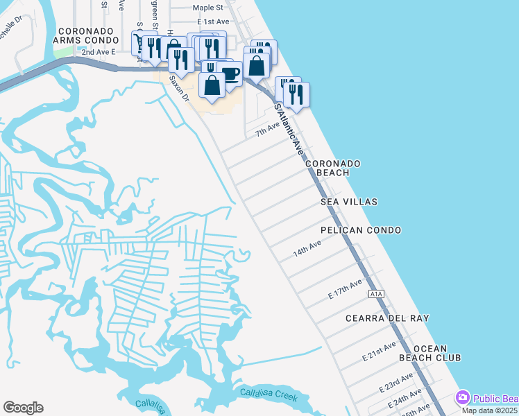 map of restaurants, bars, coffee shops, grocery stores, and more near 2101 Saxon Drive in New Smyrna Beach