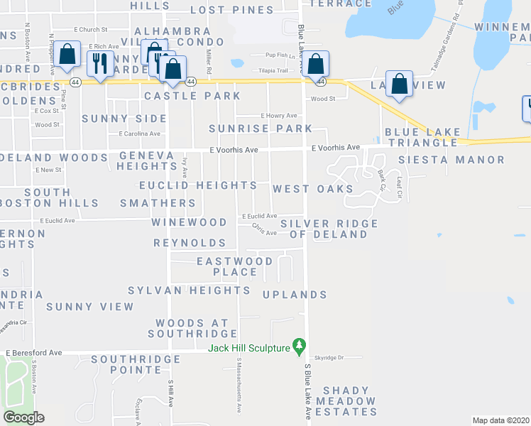 map of restaurants, bars, coffee shops, grocery stores, and more near 414 South Wade Avenue in DeLand
