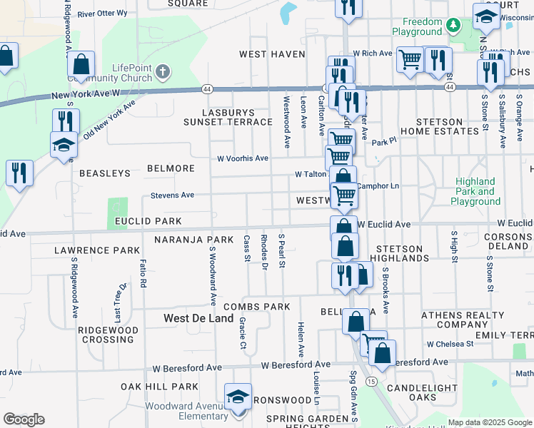 map of restaurants, bars, coffee shops, grocery stores, and more near 1183 Dutton Avenue in DeLand