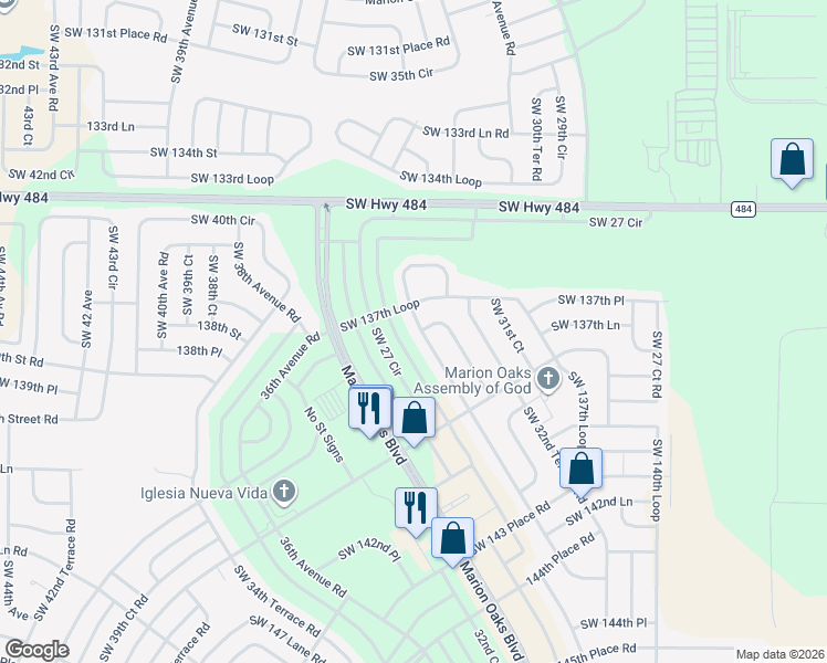 map of restaurants, bars, coffee shops, grocery stores, and more near 13770 Southwest 33rd Court Road in Ocala