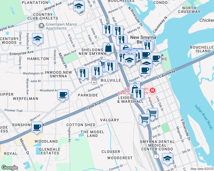 map of restaurants, bars, coffee shops, grocery stores, and more near 613 Downing Street in New Smyrna Beach