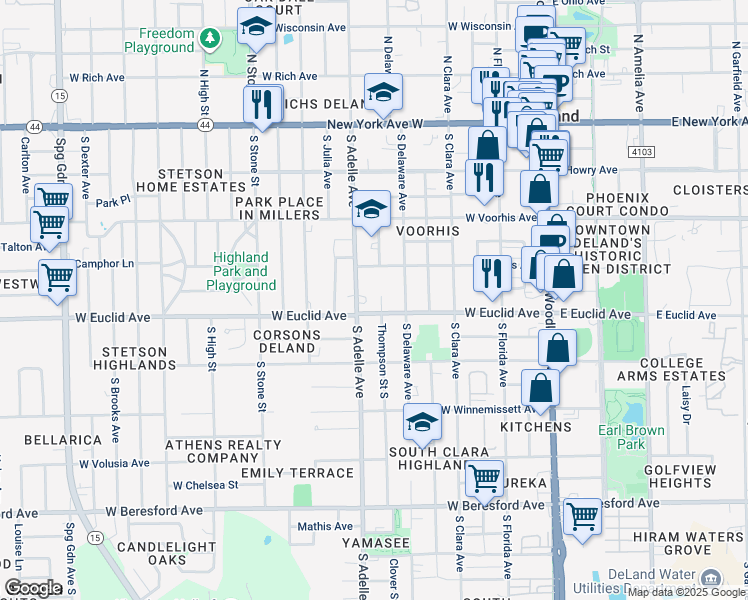 map of restaurants, bars, coffee shops, grocery stores, and more near 409 West Euclid Avenue in DeLand