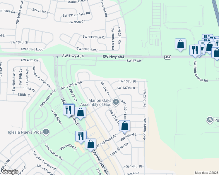 map of restaurants, bars, coffee shops, grocery stores, and more near 3050 Southwest 137th Place in Ocala