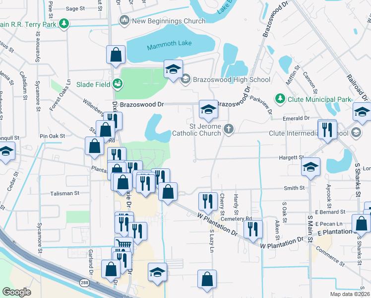 map of restaurants, bars, coffee shops, grocery stores, and more near 140 Lakeview Drive in Clute