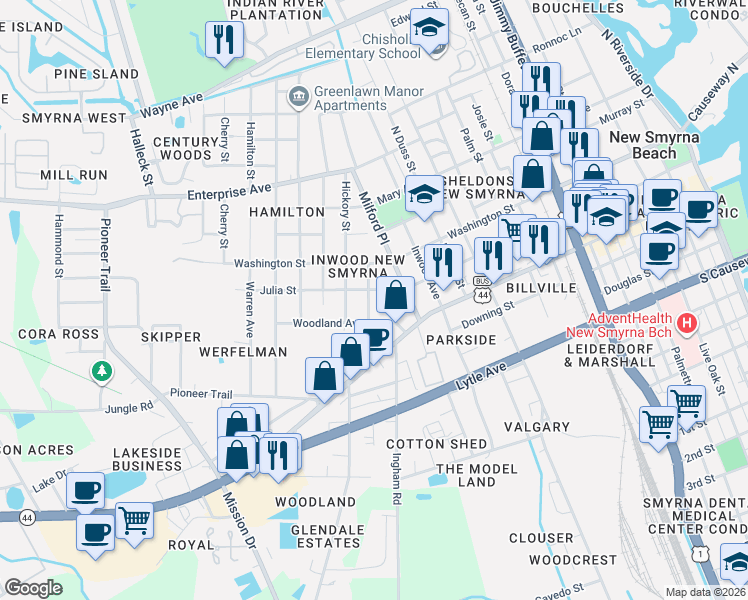 map of restaurants, bars, coffee shops, grocery stores, and more near 1100 Julia Street in New Smyrna Beach