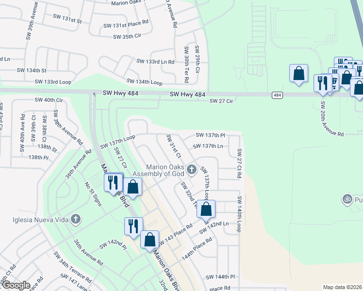 map of restaurants, bars, coffee shops, grocery stores, and more near 3050 Southwest 137th Place in Ocala