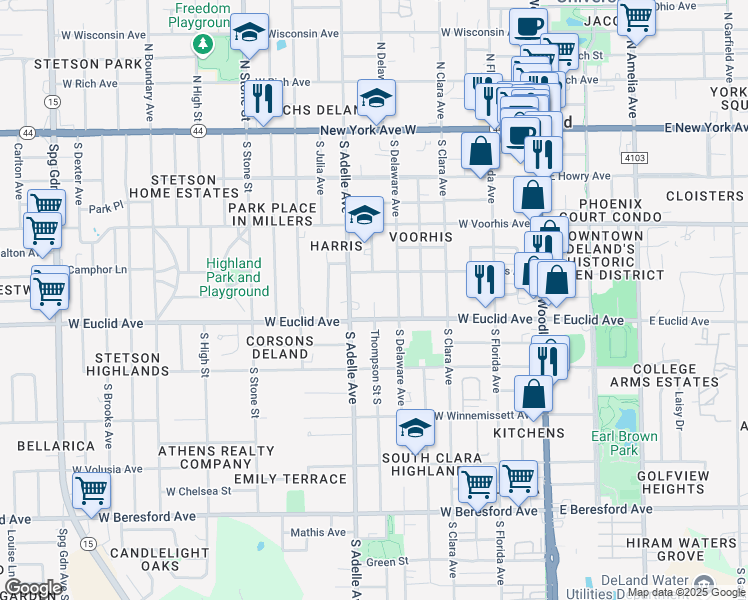 map of restaurants, bars, coffee shops, grocery stores, and more near 409 West Euclid Avenue in DeLand
