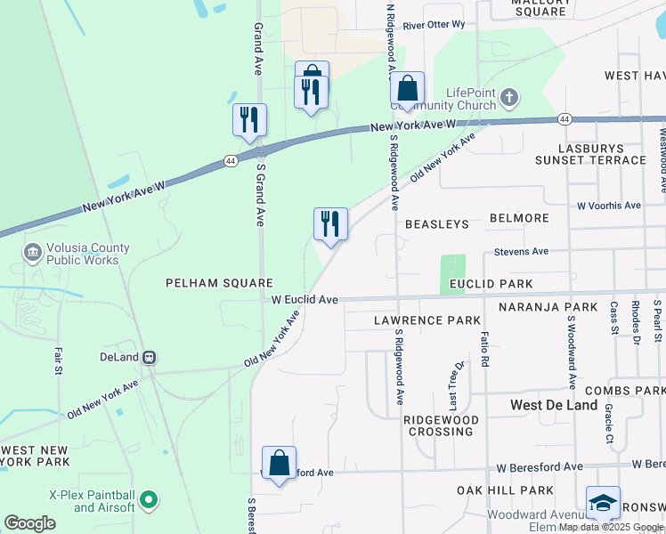 map of restaurants, bars, coffee shops, grocery stores, and more near 2084 Old New York Avenue in DeLand