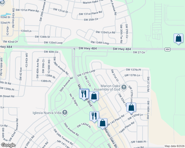 map of restaurants, bars, coffee shops, grocery stores, and more near 13770 Southwest 33rd Court Road in Ocala