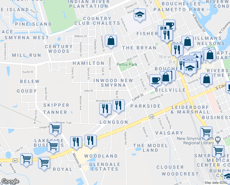 map of restaurants, bars, coffee shops, grocery stores, and more near 1100 Julia Street in New Smyrna Beach