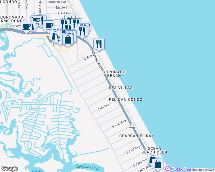 map of restaurants, bars, coffee shops, grocery stores, and more near 2108 South Atlantic Avenue in New Smyrna Beach