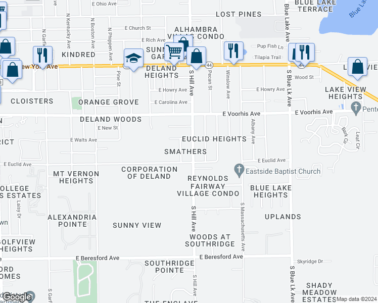 map of restaurants, bars, coffee shops, grocery stores, and more near 415 South Easy Street in DeLand