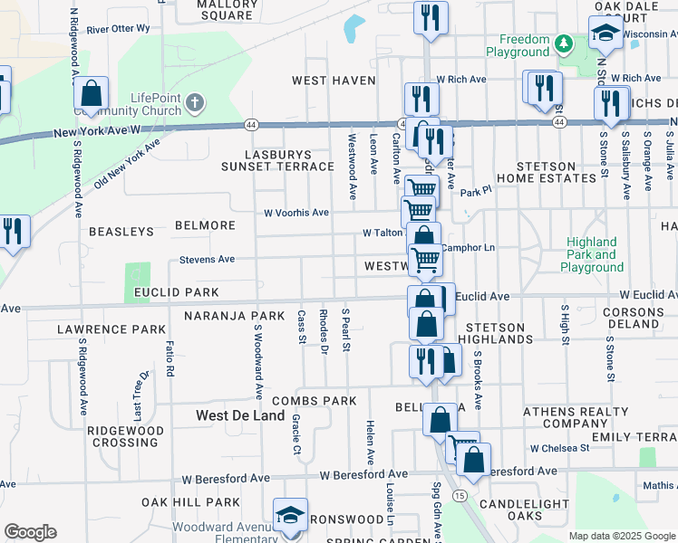 map of restaurants, bars, coffee shops, grocery stores, and more near 1183 Dutton Avenue in DeLand