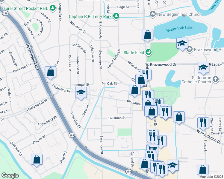 map of restaurants, bars, coffee shops, grocery stores, and more near 201 North Shady Oaks Street in Lake Jackson