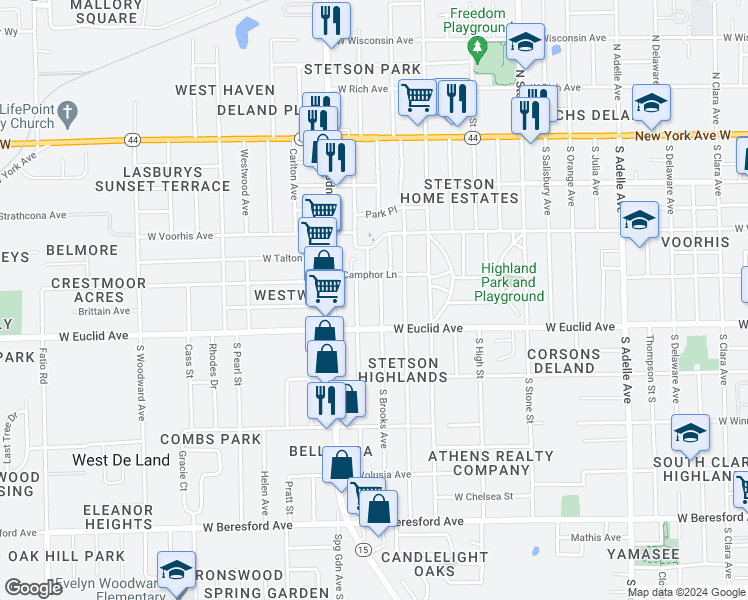 map of restaurants, bars, coffee shops, grocery stores, and more near 412 South Brooks Avenue in DeLand