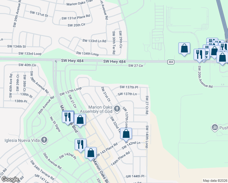 map of restaurants, bars, coffee shops, grocery stores, and more near 3050 Southwest 137th Place in Ocala