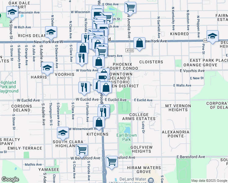 map of restaurants, bars, coffee shops, grocery stores, and more near 428 South Alabama Avenue in DeLand