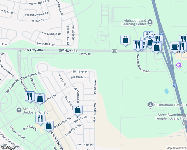 map of restaurants, bars, coffee shops, grocery stores, and more near 13762 Southwest 27 Court Road in Ocala