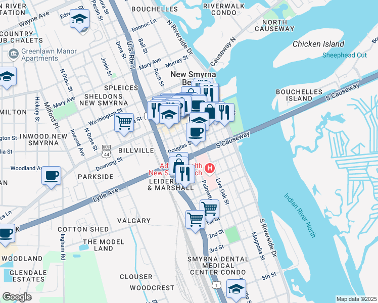 map of restaurants, bars, coffee shops, grocery stores, and more near 314 Palmetto Street in New Smyrna Beach