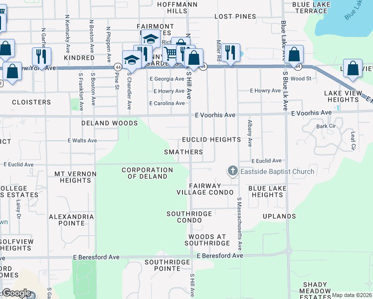 map of restaurants, bars, coffee shops, grocery stores, and more near 415 South Easy Street in DeLand