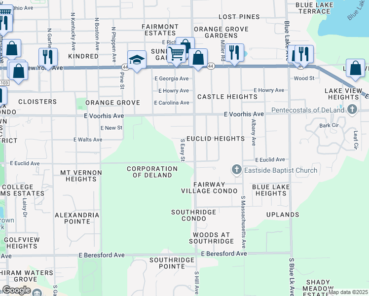 map of restaurants, bars, coffee shops, grocery stores, and more near 415 South Easy Street in DeLand