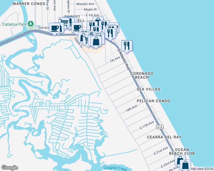 map of restaurants, bars, coffee shops, grocery stores, and more near 796 10th Avenue in New Smyrna Beach