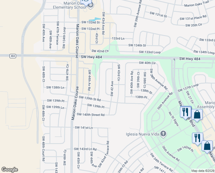 map of restaurants, bars, coffee shops, grocery stores, and more near 13765 Southwest 42nd Court Road in Ocala