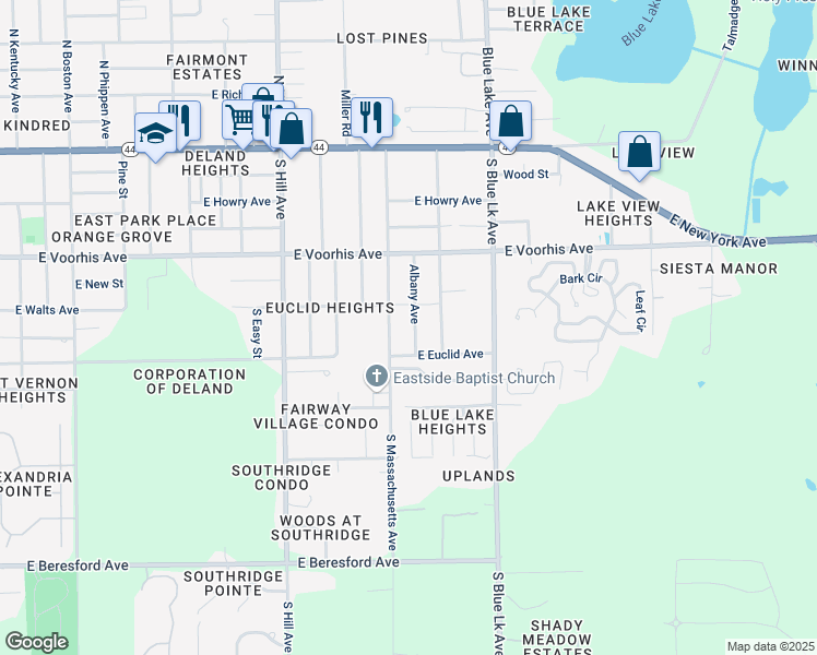 map of restaurants, bars, coffee shops, grocery stores, and more near 406 Albany Avenue in DeLand