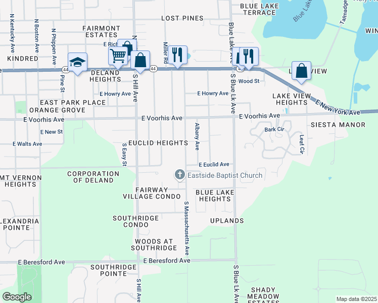 map of restaurants, bars, coffee shops, grocery stores, and more near 406 Albany Avenue in DeLand