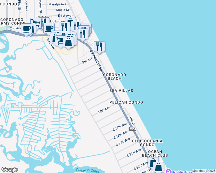 map of restaurants, bars, coffee shops, grocery stores, and more near 2108 South Atlantic Avenue in New Smyrna Beach