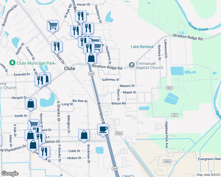 map of restaurants, bars, coffee shops, grocery stores, and more near 914 Maple Street in Clute