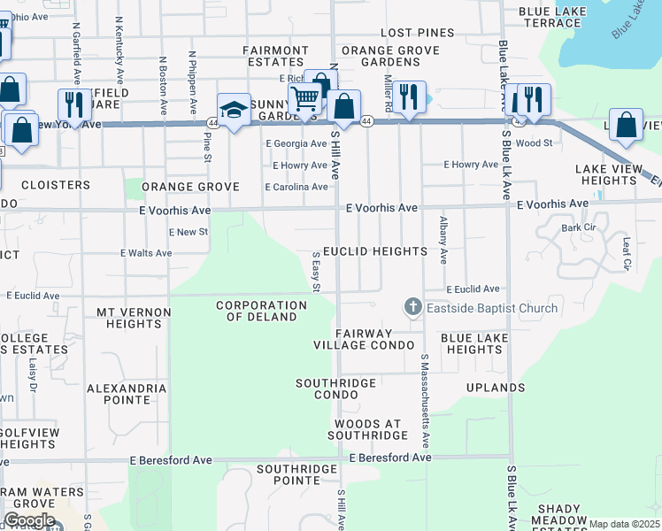 map of restaurants, bars, coffee shops, grocery stores, and more near 415 South Easy Street in DeLand
