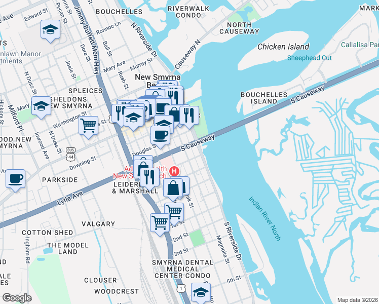 map of restaurants, bars, coffee shops, grocery stores, and more near 409 Magnolia Street in New Smyrna Beach