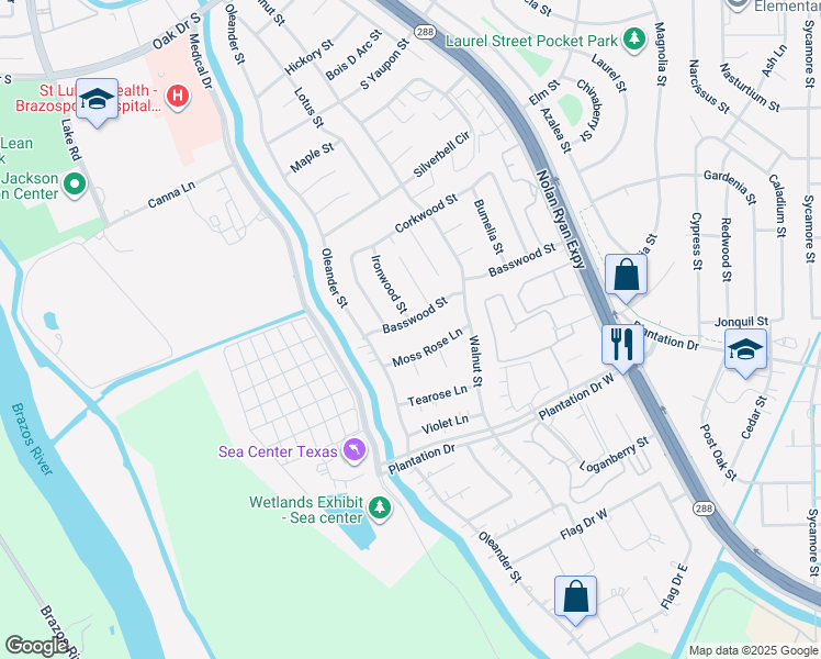map of restaurants, bars, coffee shops, grocery stores, and more near 219 Basswood St in Lake Jackson