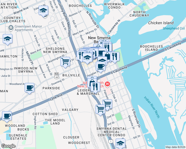 map of restaurants, bars, coffee shops, grocery stores, and more near 314 Palmetto Street in New Smyrna Beach