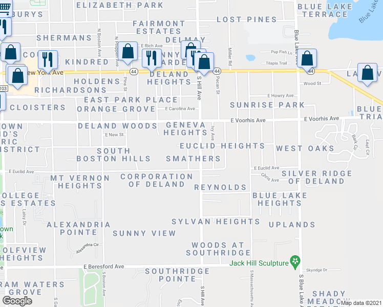map of restaurants, bars, coffee shops, grocery stores, and more near 413 South Easy Street in DeLand