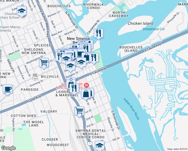 map of restaurants, bars, coffee shops, grocery stores, and more near 409 Magnolia Street in New Smyrna Beach