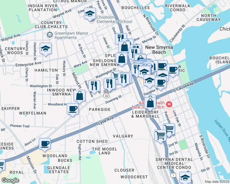 map of restaurants, bars, coffee shops, grocery stores, and more near 722 Canal Street in New Smyrna Beach