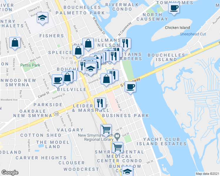 map of restaurants, bars, coffee shops, grocery stores, and more near 312 Live Oak Street in New Smyrna Beach