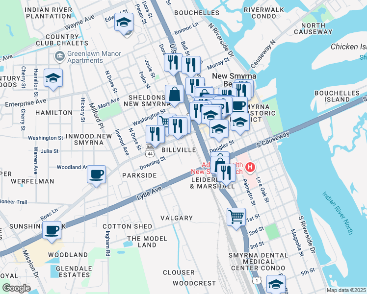 map of restaurants, bars, coffee shops, grocery stores, and more near 613 Downing Street in New Smyrna Beach