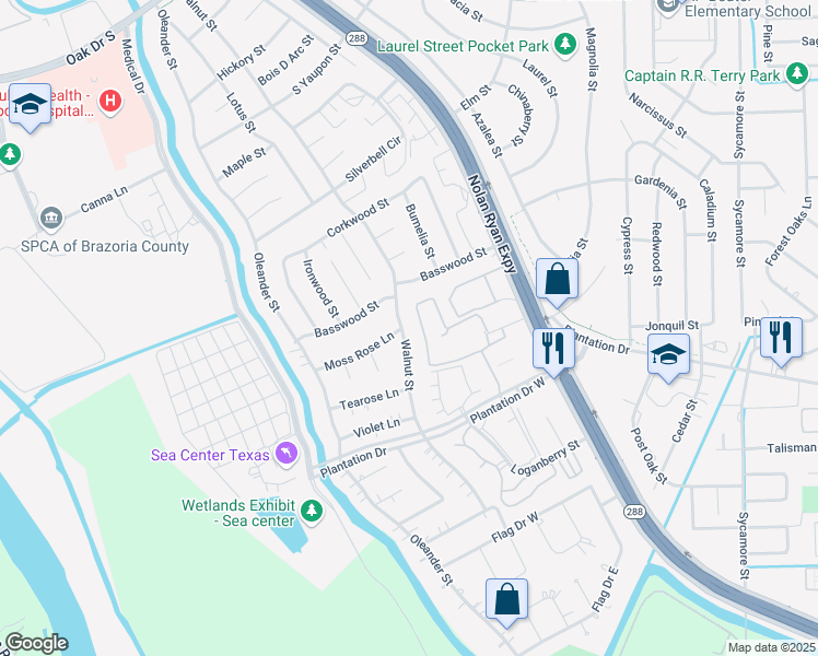 map of restaurants, bars, coffee shops, grocery stores, and more near 609 Walnut Street in Lake Jackson