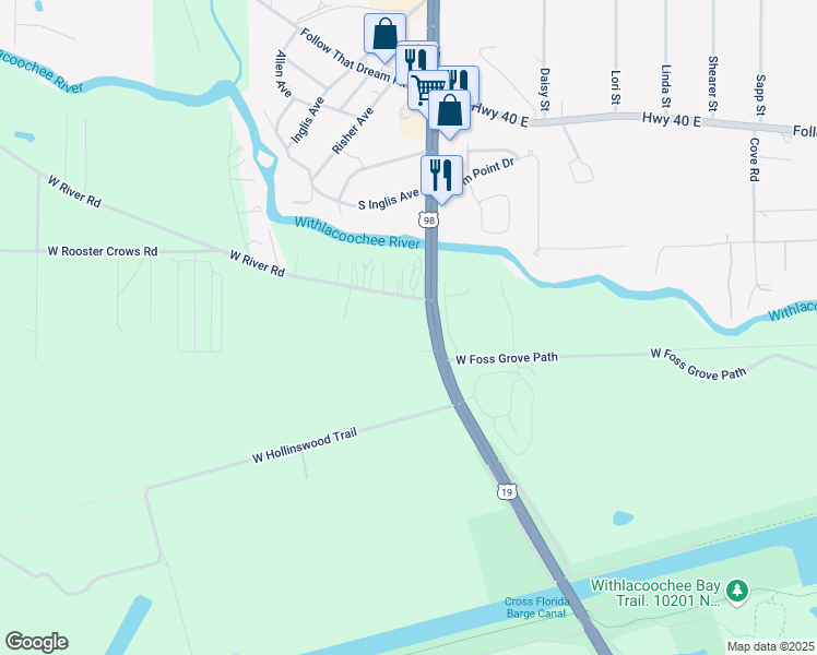 map of restaurants, bars, coffee shops, grocery stores, and more near 11070 North Suncoast Boulevard in Inglis